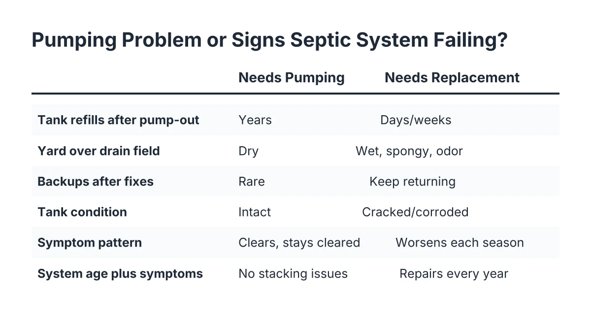 Checklist comparing signs a septic system just needs pumping versus signs it needs replacement