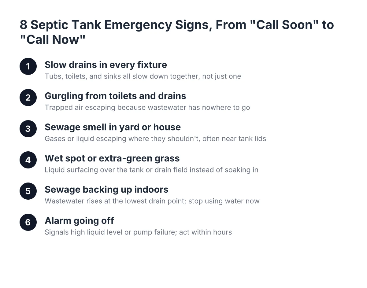 Sequence of septic tank emergency signs from slow drains to alarm sounding