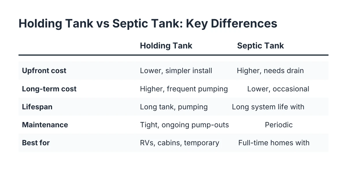 Comparison chart of holding tank vs septic tank across cost, lifespan, installation, maintenance, and best use