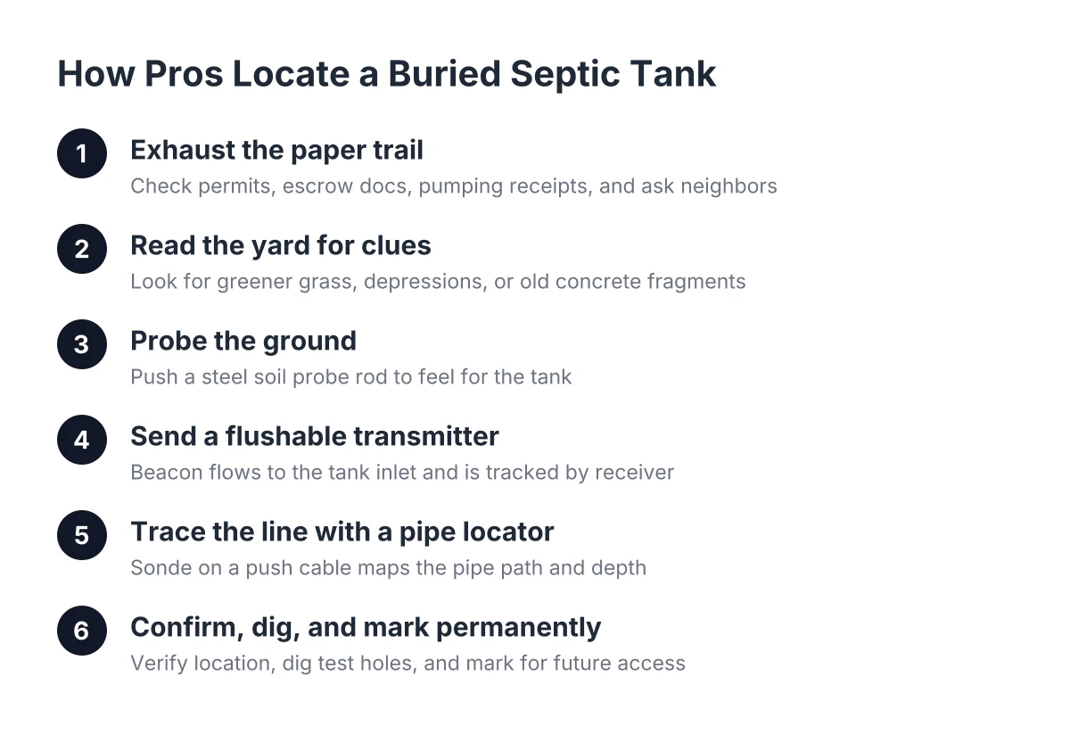 Diagram of six steps in septic tank locating equipment process from paper trail to marking