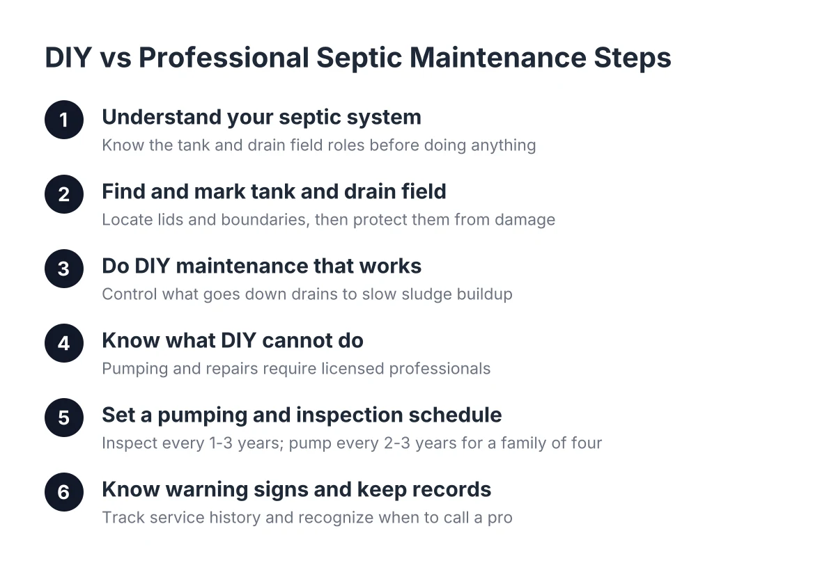 Steps comparing DIY septic tank maintenance tasks to professional pumping needs