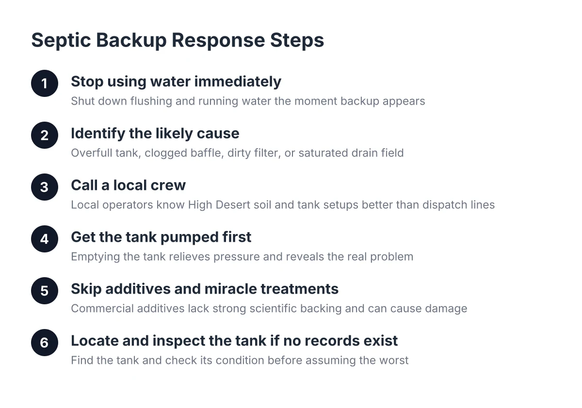 Numbered diagram of septic backup response steps for a failed system in Hesperia