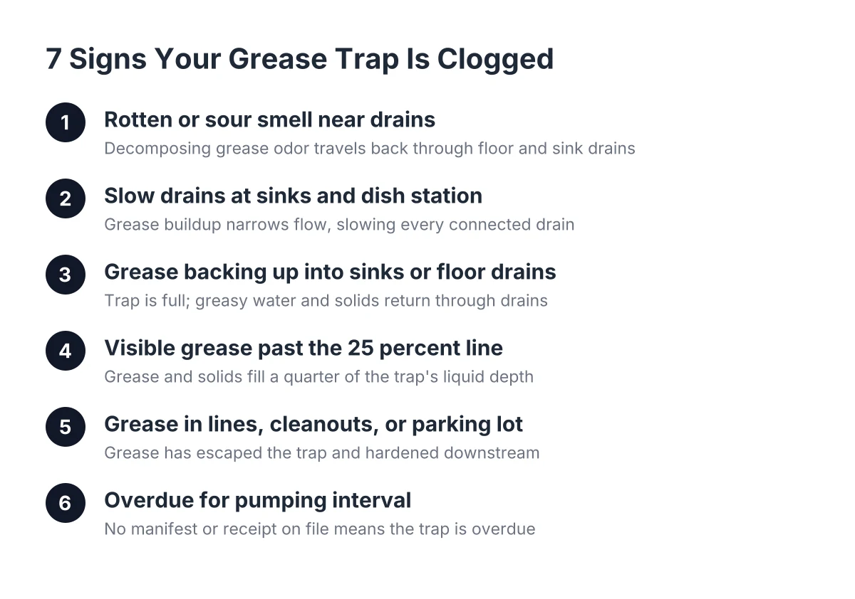 Sequence of signs a grease trap is clogged, from odor to overdue pumping