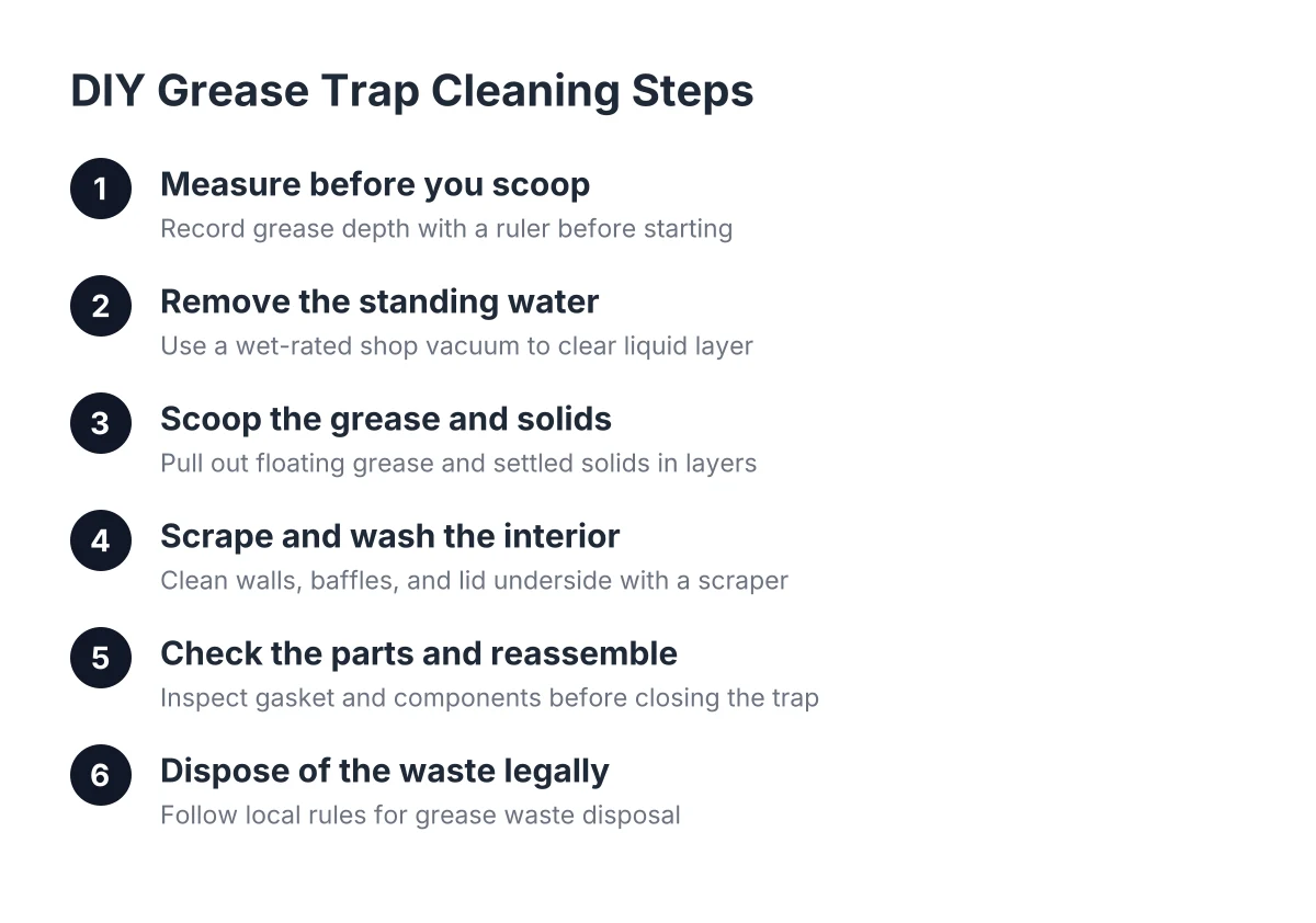 Six numbered steps for DIY grease trap cleaning from measuring to waste disposal