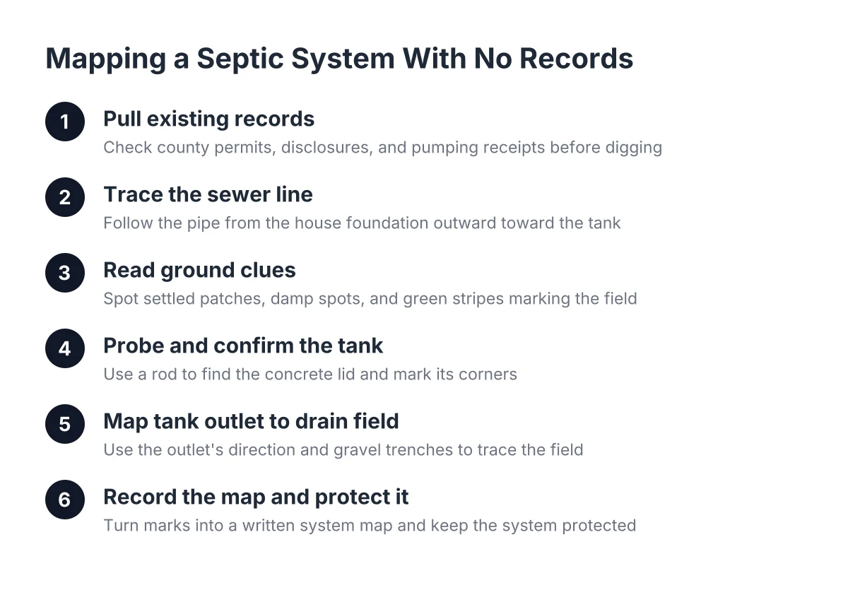 Diagram of steps for mapping septic system tank and drain field locations without records