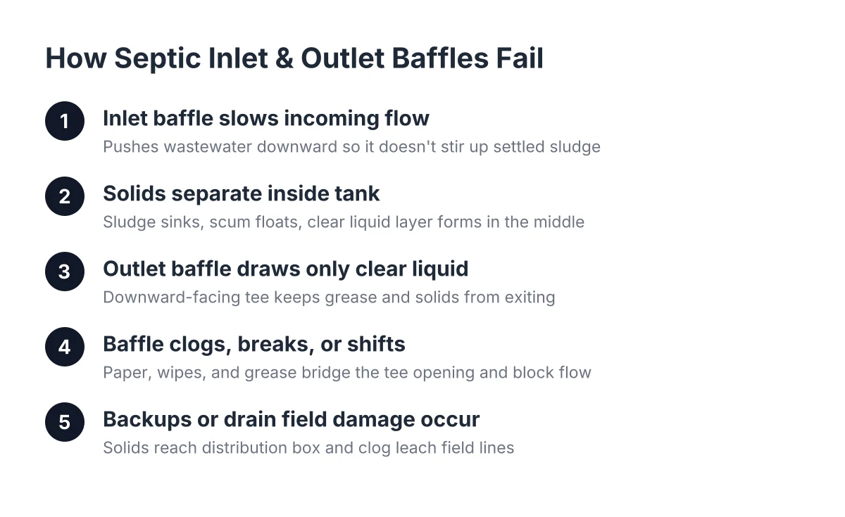 Diagram of septic tank baffle failure showing how inlet and outlet baffles work and fail