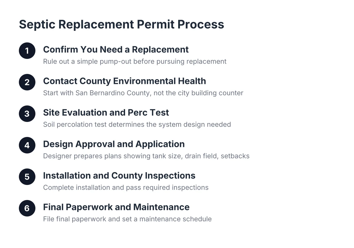 Six-step diagram of the septic replacement permit process in Hesperia, CA