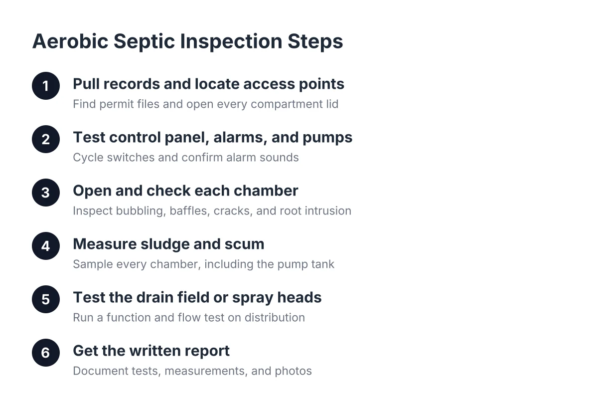 Diagram of aerobic septic inspection steps from records to written report