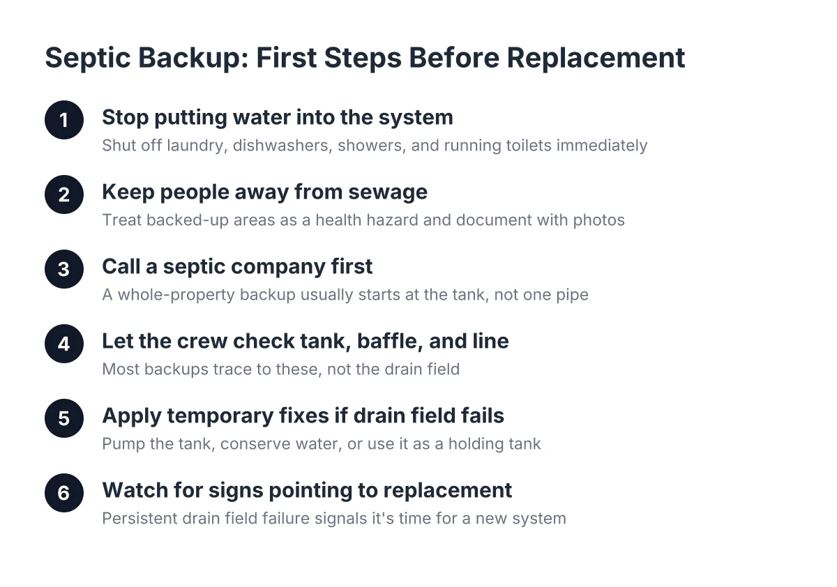 Steps for handling a septic backup temporary fix before replacement in Hesperia