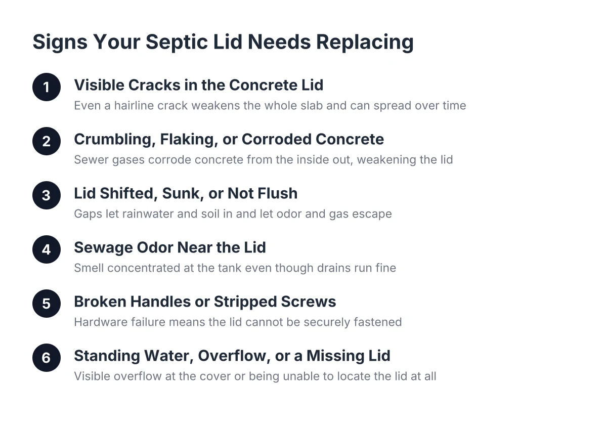 Diagram listing signs a cracked septic lid needs replacement, from cracks to missing lids