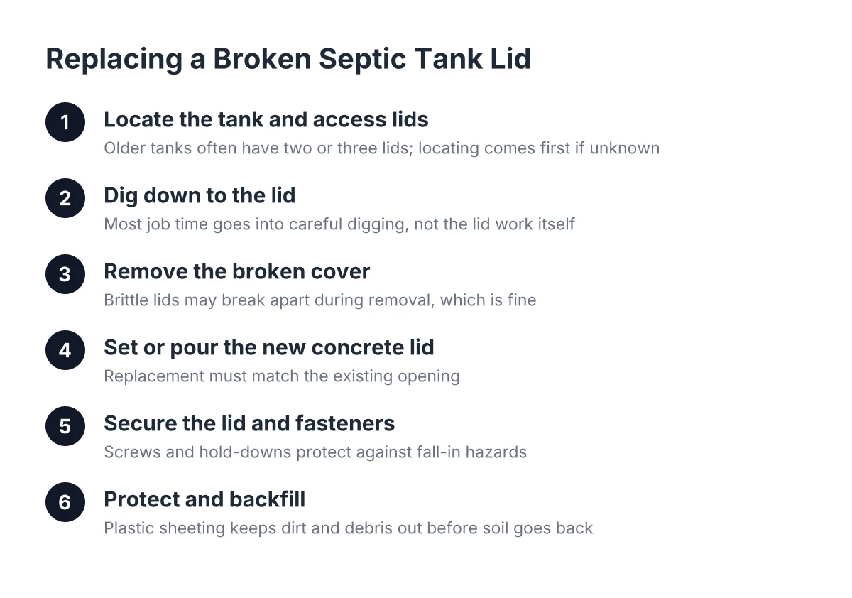 Steps showing how a crew replaces a broken septic tank lid