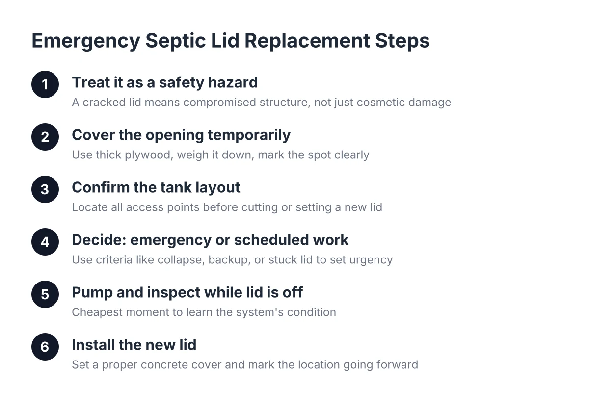 Six-step process diagram for emergency septic lid replacement from hazard to installation