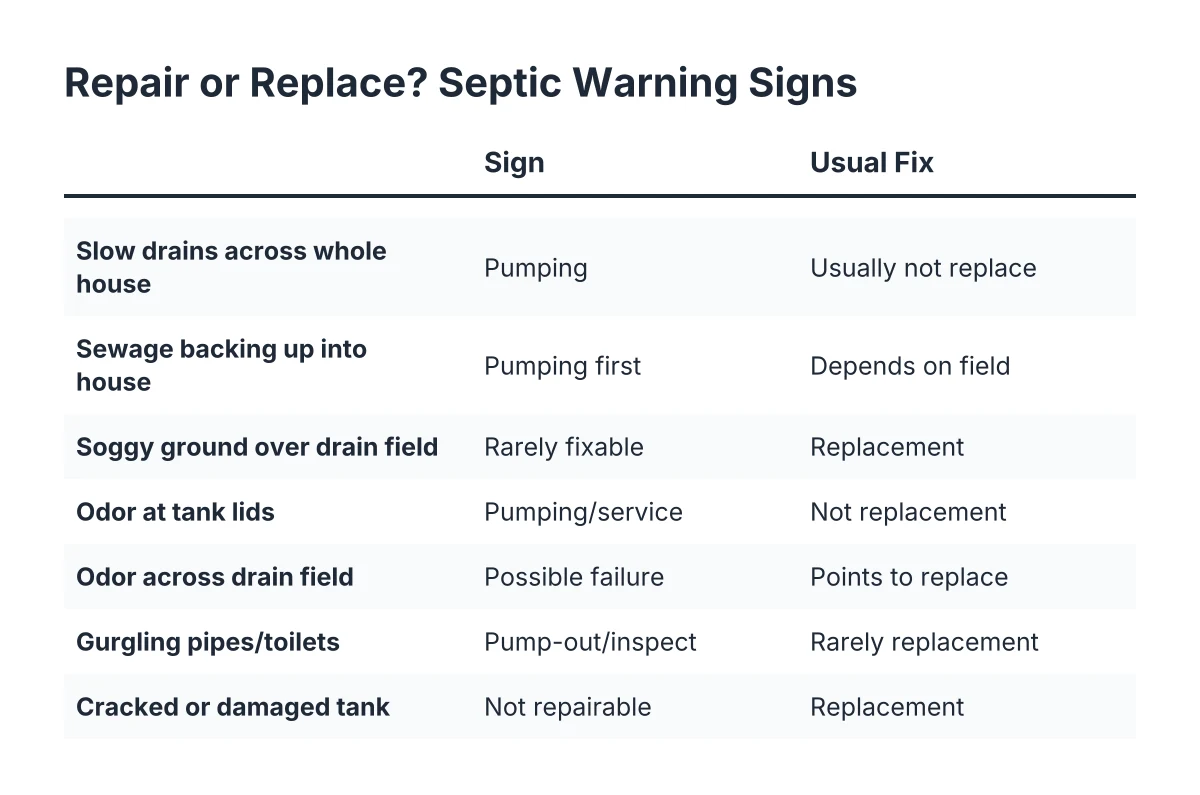 Checklist comparing septic system signs pointing to repair versus replacement