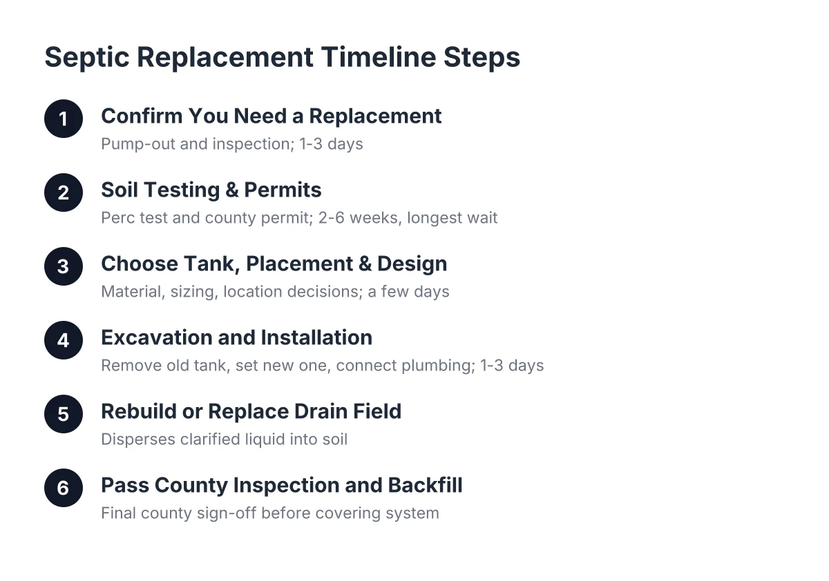 Steps in the septic replacement timeline from inspection to final county inspection